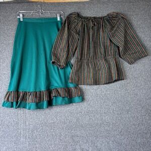 Vintage 70s Metallic Lurex Striped Peasant Top and Ruffle Midi Skirt Set Teal 9